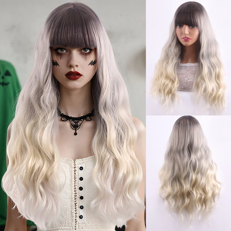 

European and American style , gray to gold gradient, with bangs, long curly hair, large waves, synthetic fiber wig