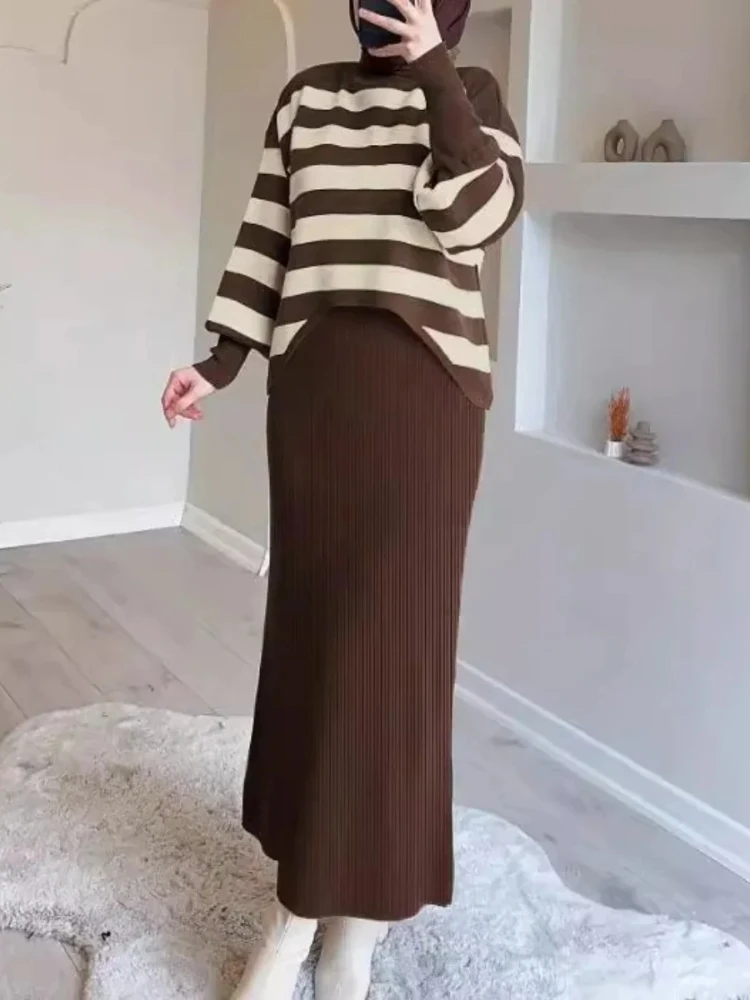 Muslim Knitting 2 Piece Set Women Striped Knitted Top Pullover Vest Dress Suit Morocco Dubai Arabic Casual Dresses Ensemble