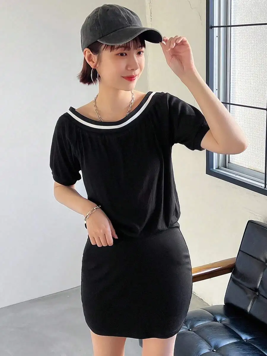 

Women Off-Shoulder Casual Short Dress With Binding Detail Spring Summer