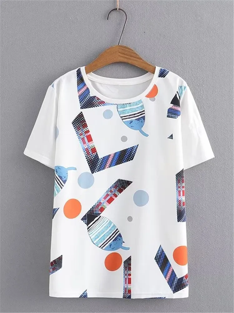 Plus Size Women's T-Shirt Printed With Letter Painted Geometric Pattern On Front chest White Round neck Short-Sleeved T-Shirt