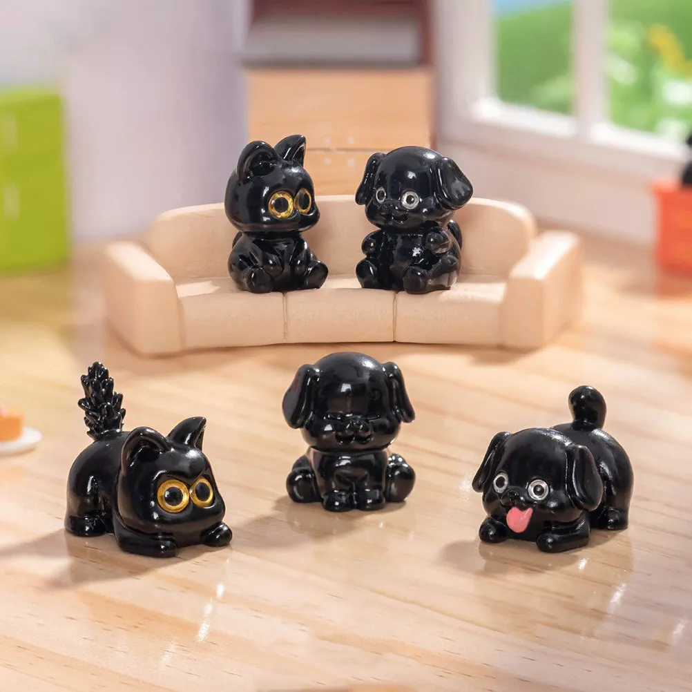 12Pcs Miniature Black Resin Animal Statues Realistic Dog Cat Figures for Fairy Garden Bonsai Cake Topper DIY Terrarium