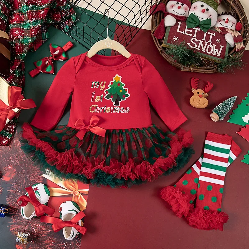 Baby Romper Dress Xmas Fashion My First Christmas Baby Girl Clothes Ruffle Romper + Red Dress New Year Costume Outfit