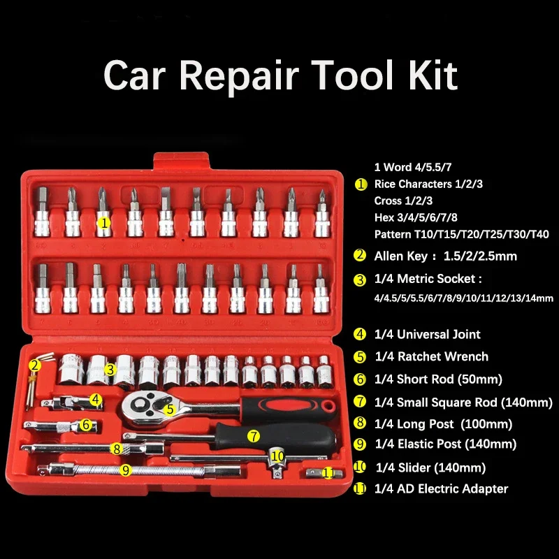 

46Pcs Car Repair Tool Kit 1/4-Inch Socket Sets Ratchet torque wrench Combo Tool Kit Manual Mechanical Set Car Repair Tool