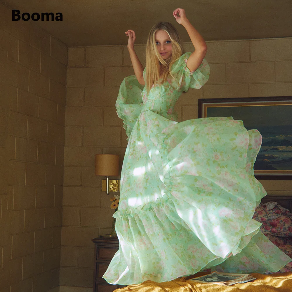 Booma-Vestidos de Fiesta de Organza con estampado de nubes azules, manga de farol cuadrada, volantes, largo hasta el té, talla grande