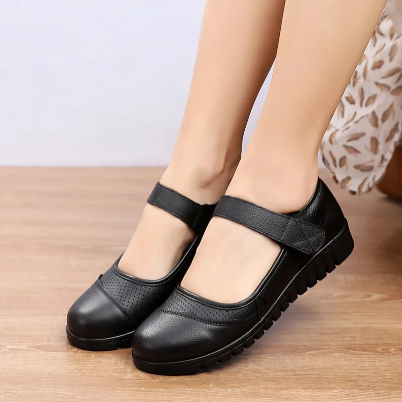 

Black Leather Mary Jane Shoes For Women With Adjustable Strap And Perforated Toe Detail Non Slip Thick Sole Comfortable Casual