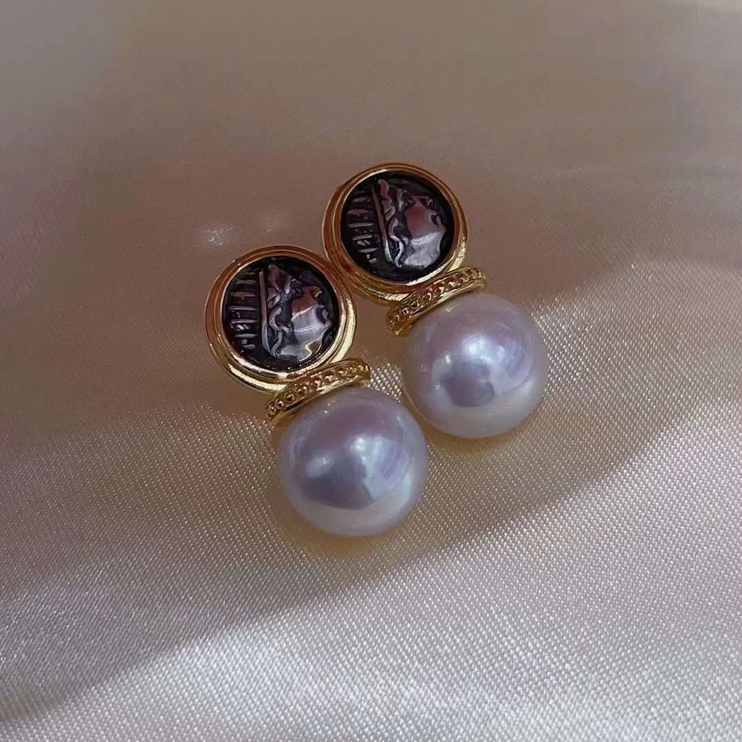 N S925 Pure Silver Earrings Vintage Coins Earrings 10-11mm Natural Fresh Water Pearl Earrings Are Temperament Beauty