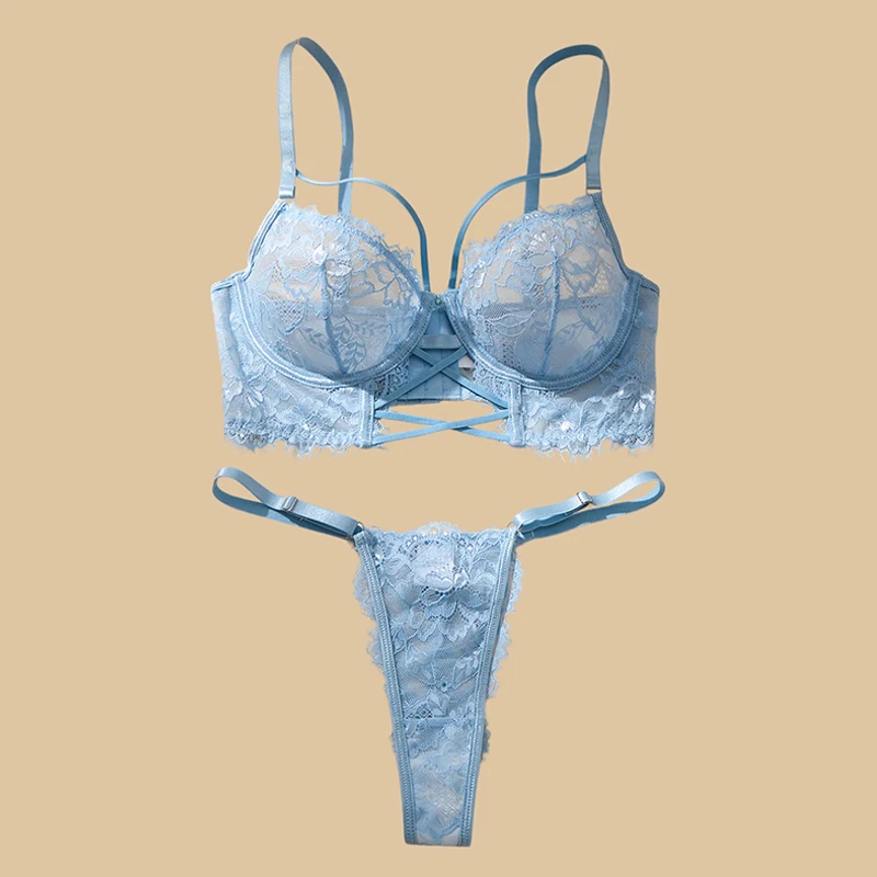 

Women's Lingerie Sets Light Blue Lace Underwear Floral Embroidered Sexy Lingerie French Style Hollow Bra and Panties Sets