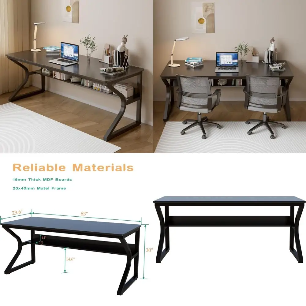 

Dual-Person Modern Study Desk with Built-In Bookshelf - 63 Long Computer Workstation for Home Office