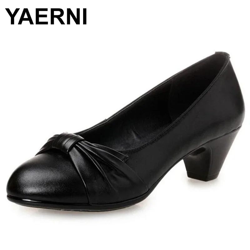 YAERNI High Quality cow Leather Shoes Women Shoes High Heels Large Size Comfortable Wedding fashion shoes