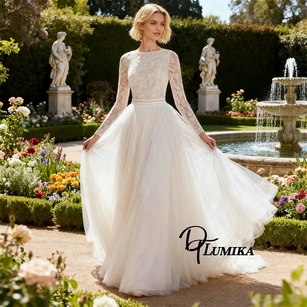 فستان زفاف دانتيل مخصص للعروس 2026 أكمام كاملة الوهم على شكل حرف a فساتين العروس الطويلة فستان زفاف شبكي DTLumika