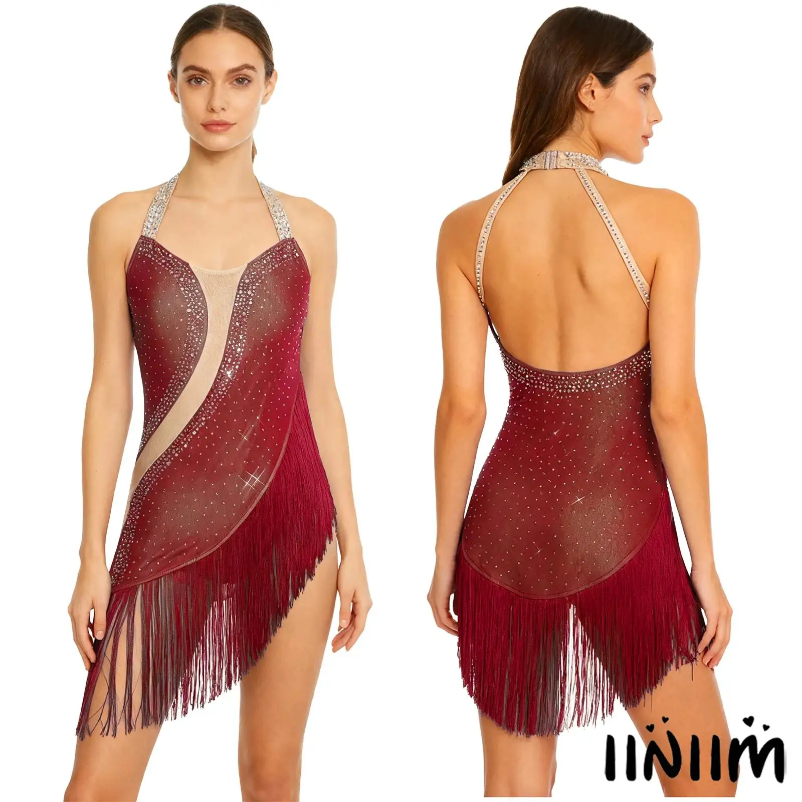 

Women Latin Dance Bodysuit Halter Backless Irregular Hem Tango Figure Skating Dance Leotard Jumpsuit for Ballet Ballroom Dance