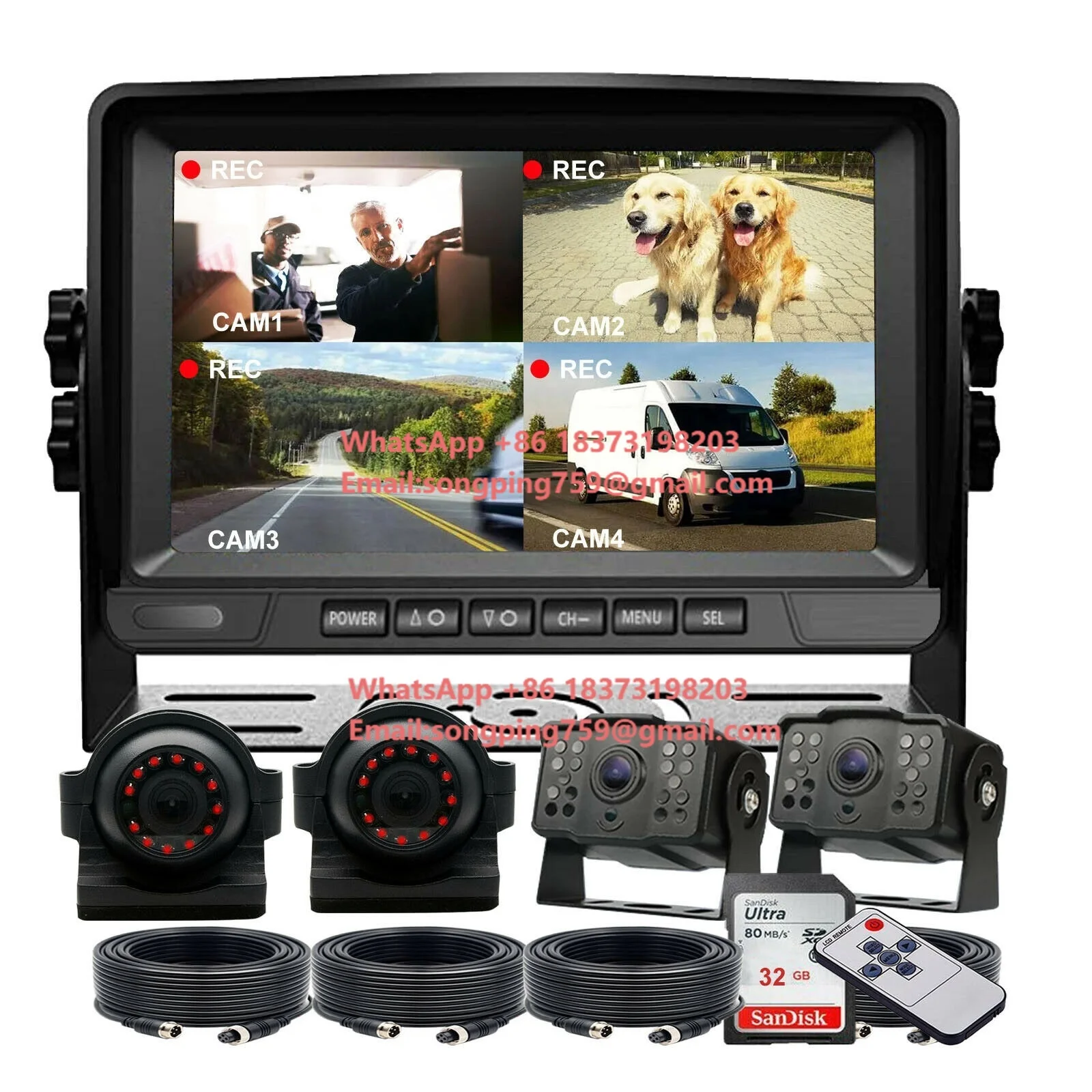 

IPoster for Track RV Caravan Bus Trailer 9" Quad Split IPS Screen Monitor with Loop Recording and 4 Iron Rearview Cameras Kit