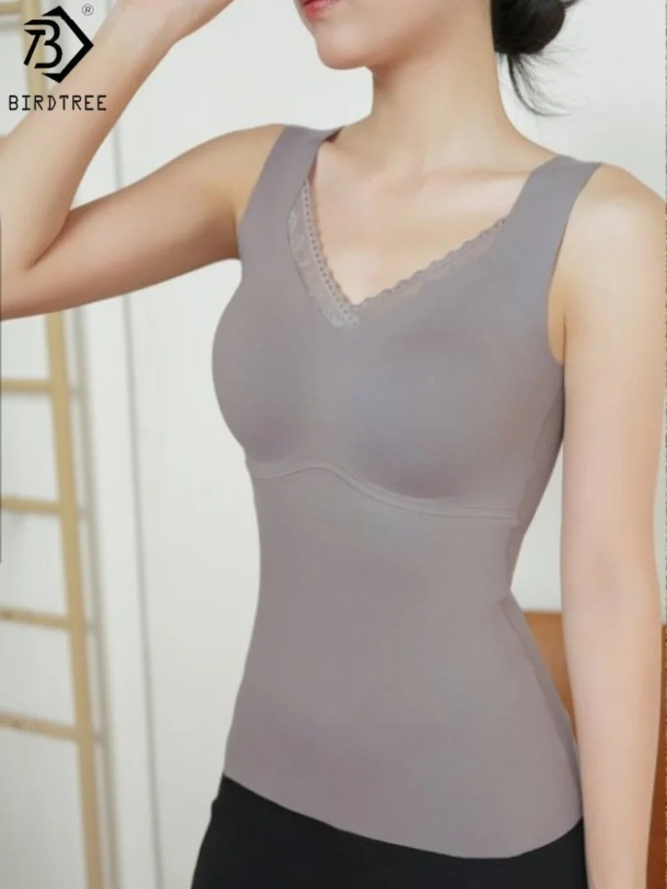 Birdtree,Woman's Cashmere Silk Blended Tank Top,with Built In Bra Vest, Solid Seamless Slim Fit Shirt Feminino Tank TopsT5O842JF