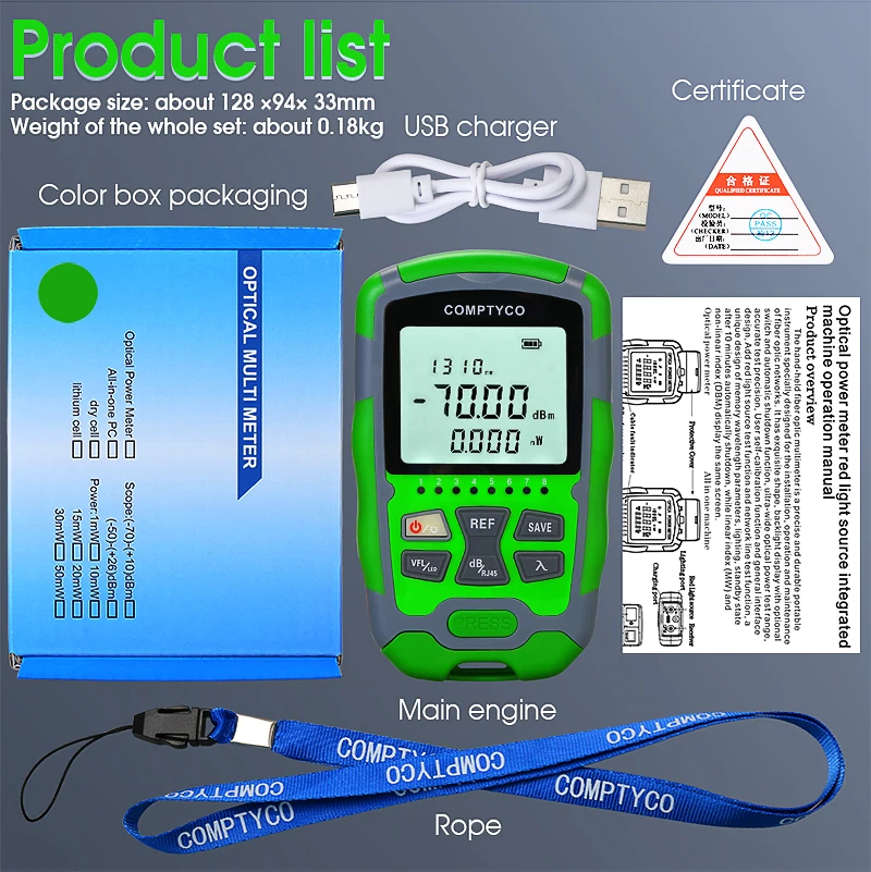 COMPTYCO 3 in 1 FTTH Fiber Optic Power Meter AUA-MC7/MC5 LED Light SC/FC/ST Universal Connector -70~+10dBm Fiber Optical Tester