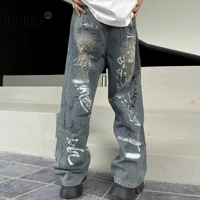 Kakan - New Men's Graffiti Hand-painted Distressed Jeans, Y2k Men's Loose Wide Leg Straight Leg Long Jeans Jeans Jeans Man Brand