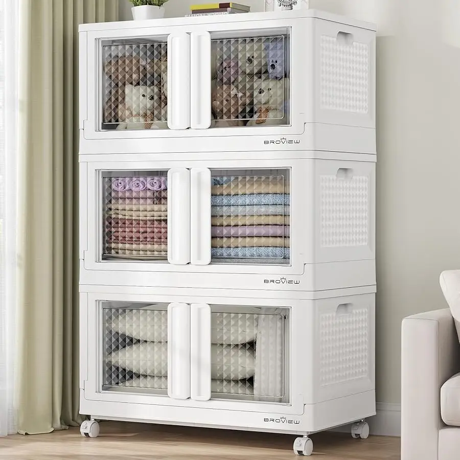 

300Qt Stackable Storage Bins with Lids, 75Gal Closet Organizers and Storage Drawer, Plastic Collapsible Storage Bins with Doors,