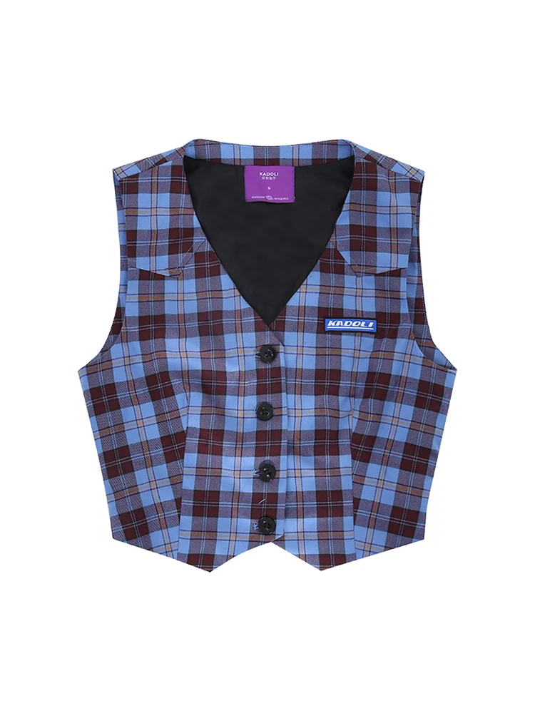 

Осенний американский ретро-комплект в синюю клетку: приталенный жилет и майка с V-образным вырезом на одной пуговице, оригинальный дизайн, полиэстер