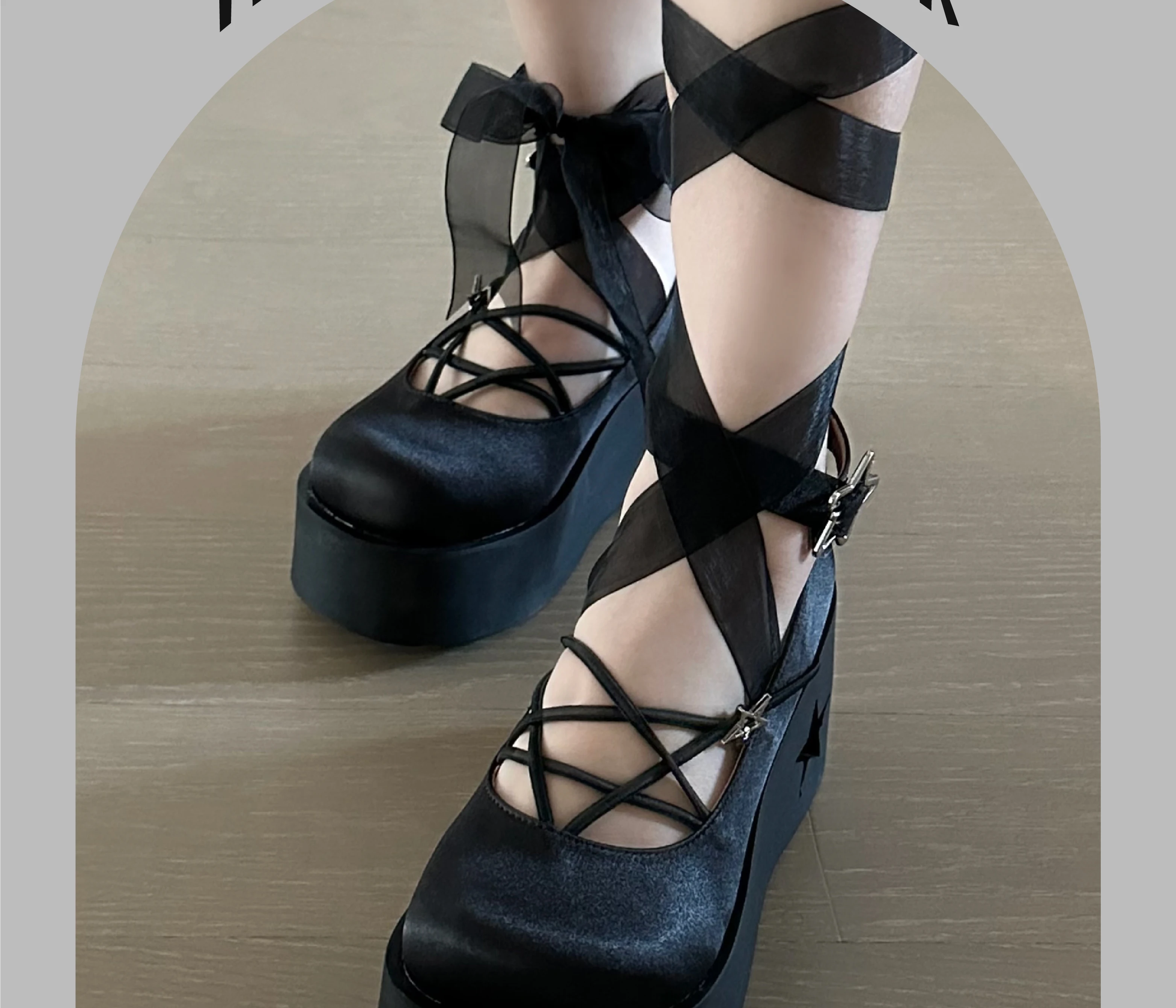 Lolita Shoes Muffin Hollow Stars High Heels Ribbon Tied Feet Solid Color Gothic Platform Shoes Thick Bottom Girl Leather Shoes