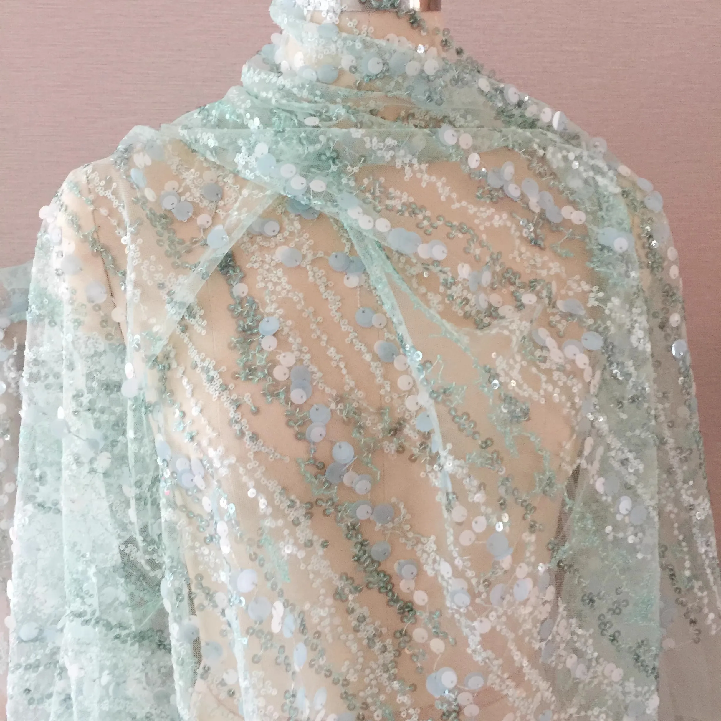 1yard price Fresh Mint Green Glitter Lace Mesh Fabric Wedding Dress Dance Dress Fabric