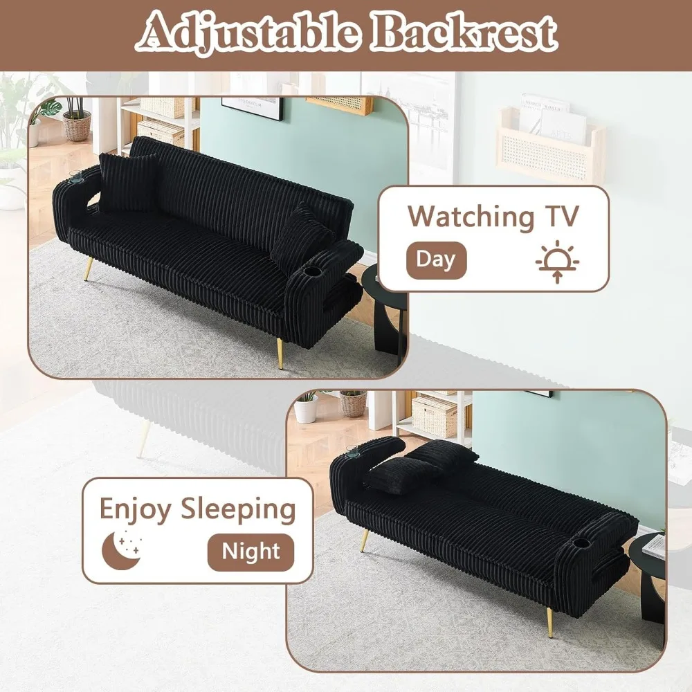 أريكة سرير قصيرة قابلة للتعديل بثلاثة أوضاع، أريكة نوم مقاس 74 بوصة مع وسائد، أثاث غرفة معيشة بسيط للمساحات الصغيرة