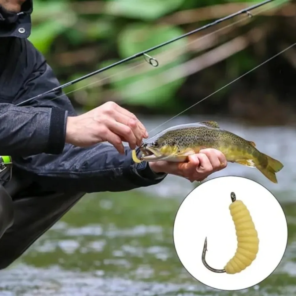 15pc/box Lifelike Bionic Grub Baits Rubber Bread Worm Maggots with Hook for Bass Trout Crappie Bluegill Freshwater Fishing Baits