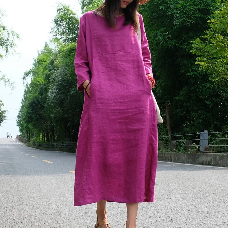 

Linen Long Dress, Round Neck, Loose Gown, Medium Length, 7, 4 Sleeve, 0909