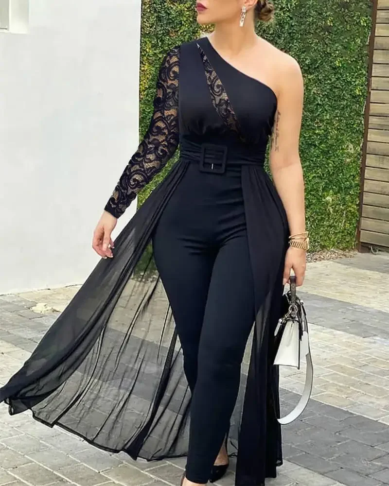 2024 Summer Women\'s Sexy Round Neck Rhinestone Sheer Mesh Sleeveless Jumpsuit with Belt New Fashion Rompers Womens Jumpsuit