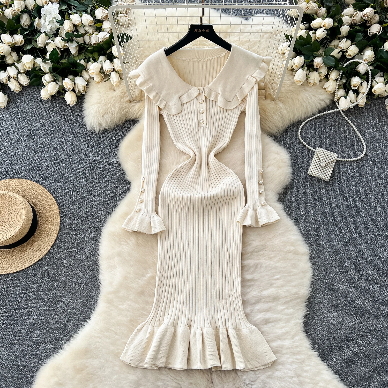2024 Autumn New Retro Elegant Contrast Color Loose Long Sweater Dress Women Fashion A-line Long Sleeve Dress Wholesale J521 image 4