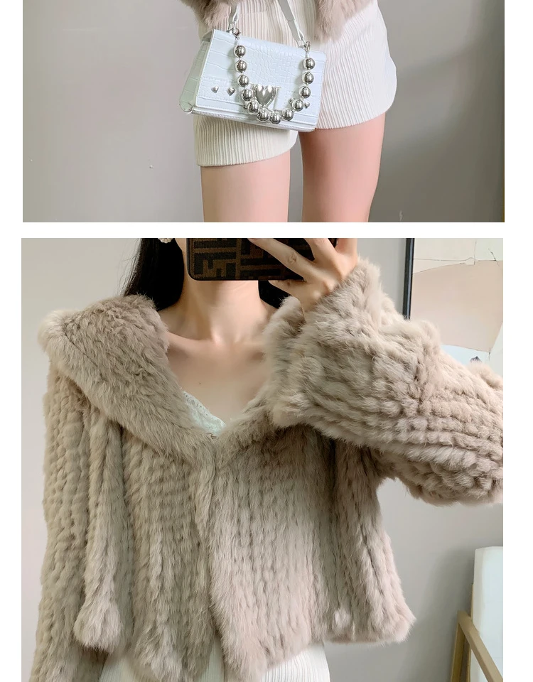 Long Sleeve Casual Loose Knitted Real Rabbit Fur Hooded Coat Women Genuine Natural Rabbit Fur Outwear Female Fur Jacket