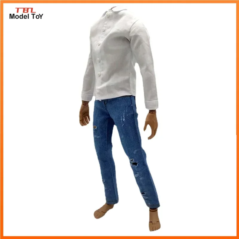 Fashion 1/6 Scale White Shirt + Ripped Jeans Model for 12in Thin Male Solider Action Figure Toys