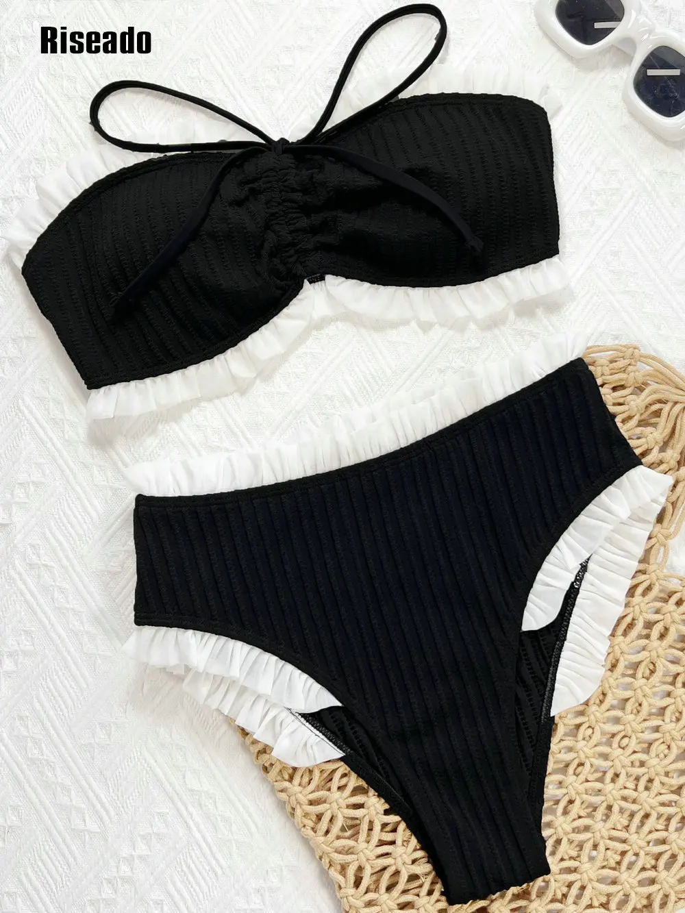 Riseado الاتجاه الجديد Colorblock المرأة مجموعة البكيني ساحة الرقبة عالية قطع صفيق مثير قطعتين ملابس السباحة المايوه