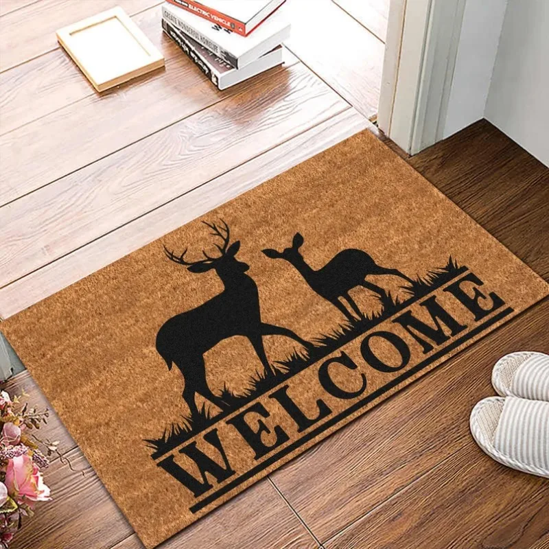 Deer Welcome Pattern Print Doormat Cute Home Decor Absorbent Non-Slip Carpet Indoor Outdoor Entryway Decoration Floormat