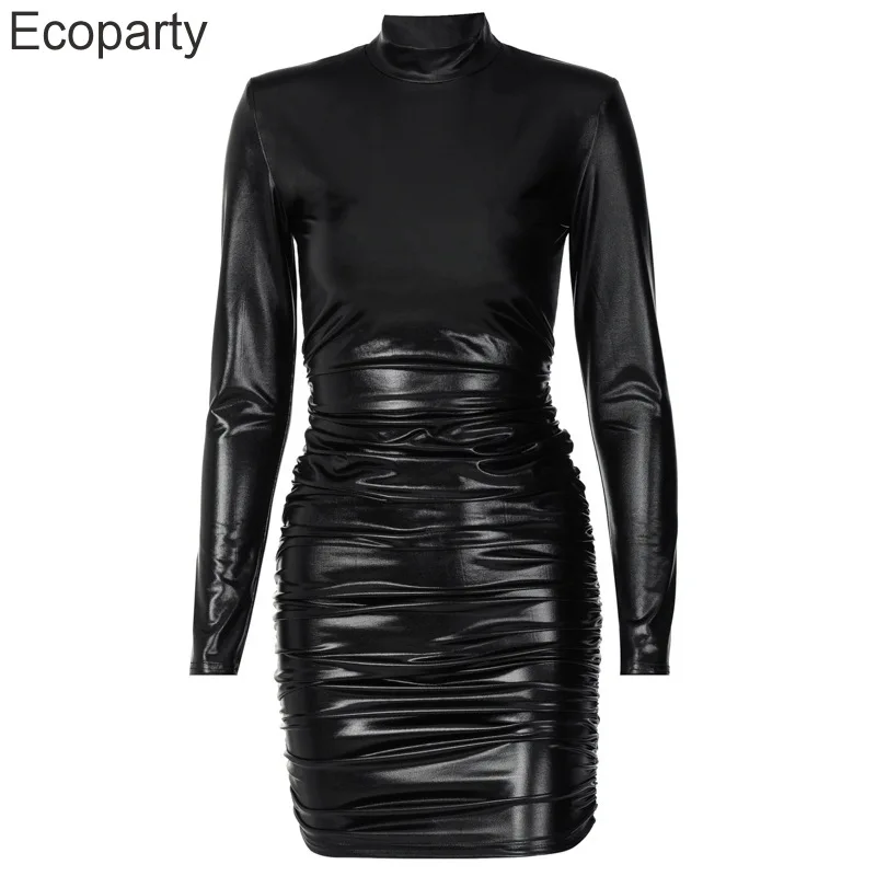 

Women Black Sexy Mini Dress Spring Autumn Fashion Slim Fit Dress Pu Leather Pleated Turtleneck Elegant Prom Party Nightclub Wear