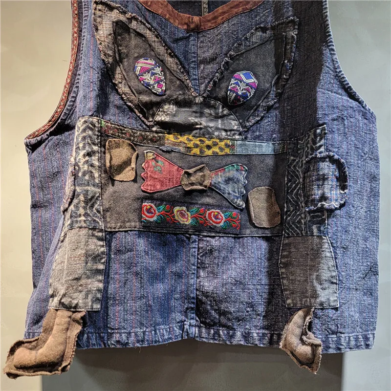 WTHT moda mujer pesado industy bordado Patchwork chaleco estampado Vintage elástico pantalones de cintura alta mujer 2025 verano 1LS1611