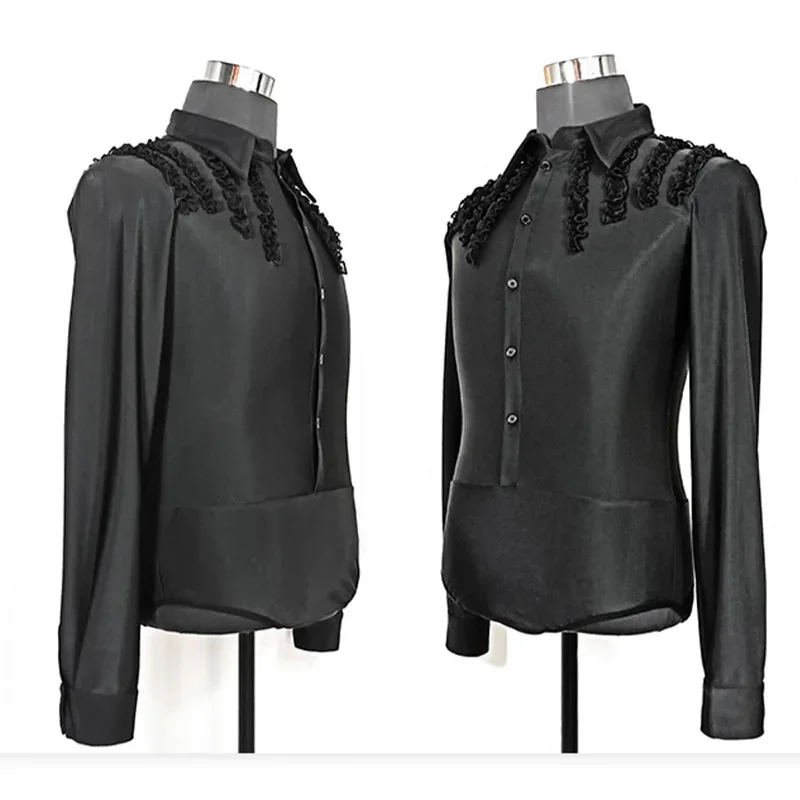 

Black Latin Dance Costumes For Men Long Sleeve Shirt Standard Ballroom Dancing Performance Clothes Male Latin Practice Tops 4112