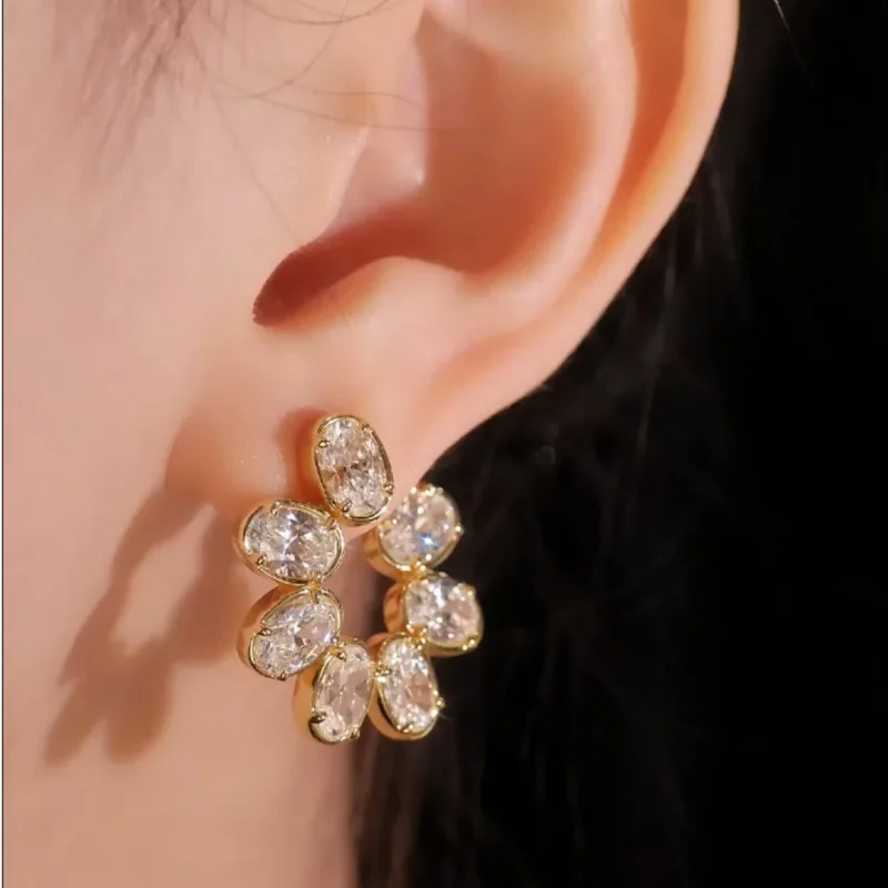 CAMEO 925 Silver Synthetic Zircon Earrings Oval Shaped White Diamond Petals Luxury Set Versatile Gold Earrings