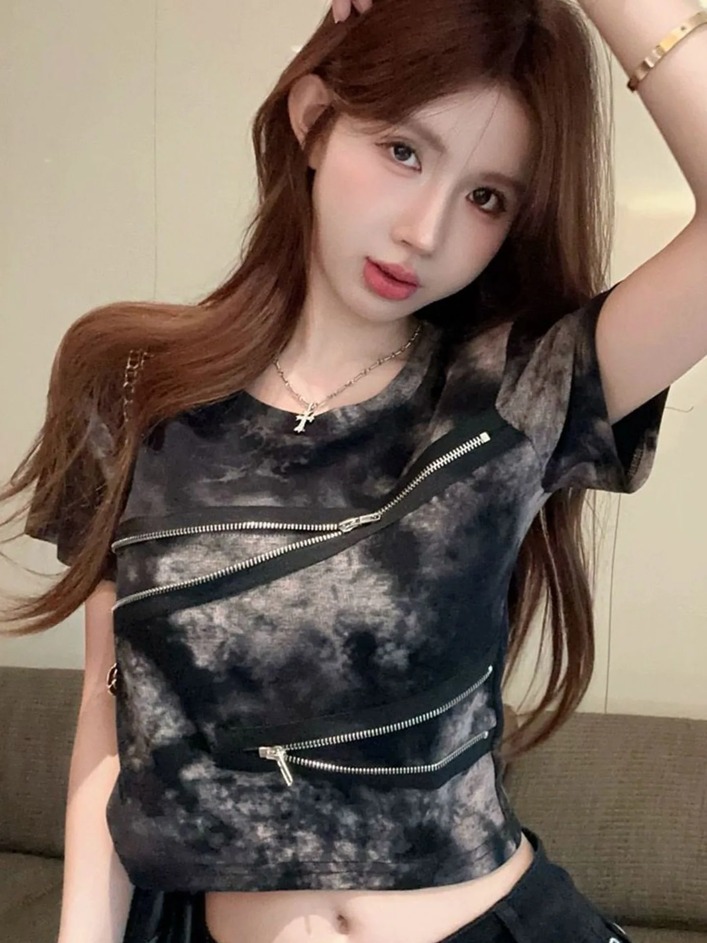 

Summer Short Sleeve Tie Dye T-Shirt Women's American Sweet Spicy Girl Style Gradient round Neck Short Length Small Size Top