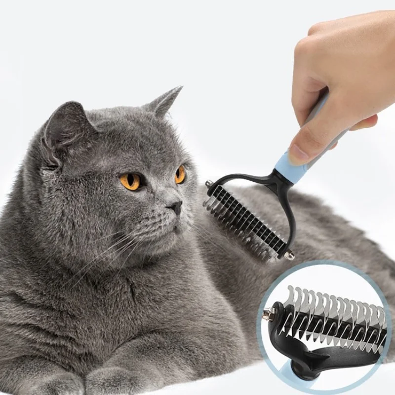 Professional Double-Sided Pet Deshedding Brush - Dog Cat Comb with Fur Knot Cutter Grooming Shedding Tool for Pet Hair Removal