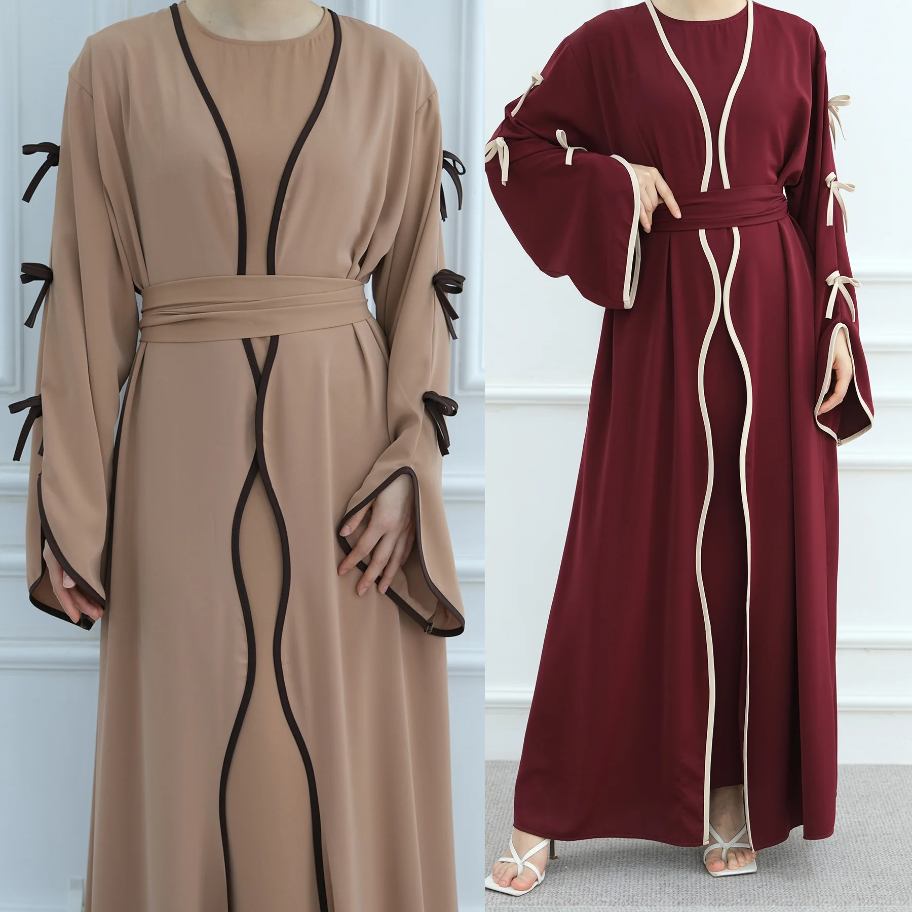 Burgundy Islamic Muslim Set Open Abaya +inner Dress Suit  Middle East Muslim Ladies Bow Details Inner Layer Ramadan Saudi Suit