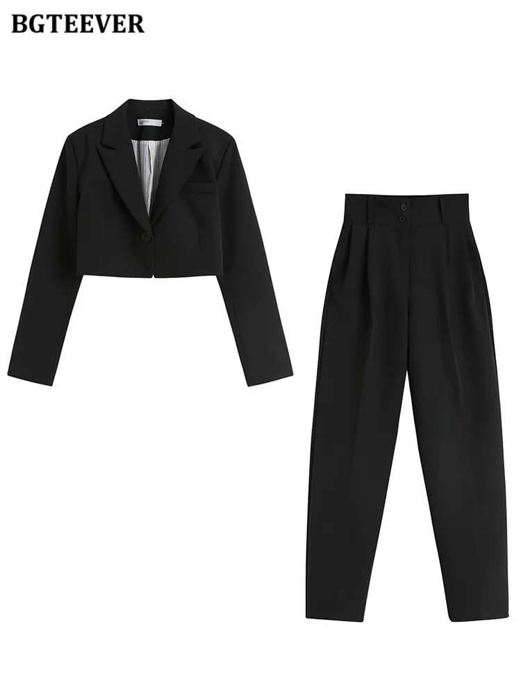 BGTEEVER Pantaloni larghi da donna alla moda 2 pezzi Set giacca a maniche lunghe con un bottone e pantaloni da tuta a gamba larga a vita alta Primavera Estate