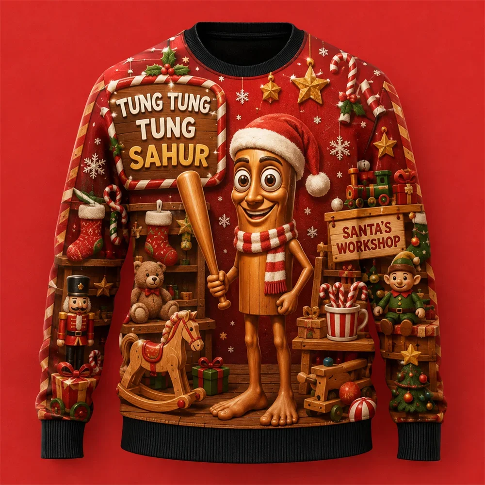 Funny Tung Tung Tung Sahur Meme Ugly T-shirt for Men Women Fun Christmas Long Sleeve Top 3D Printed Hooded T-Shirt Family Look