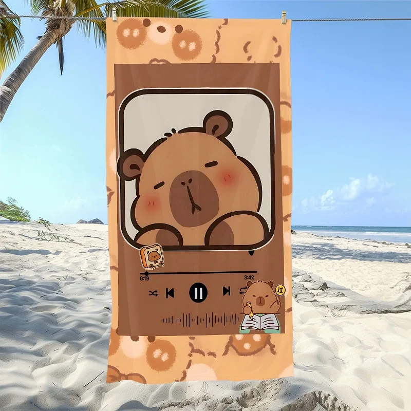 Newest Beach Towel Big Cartoon Capybara Pink Heart Brown Background Print Soft Beach Towel Kawaii Animal Pool Towel