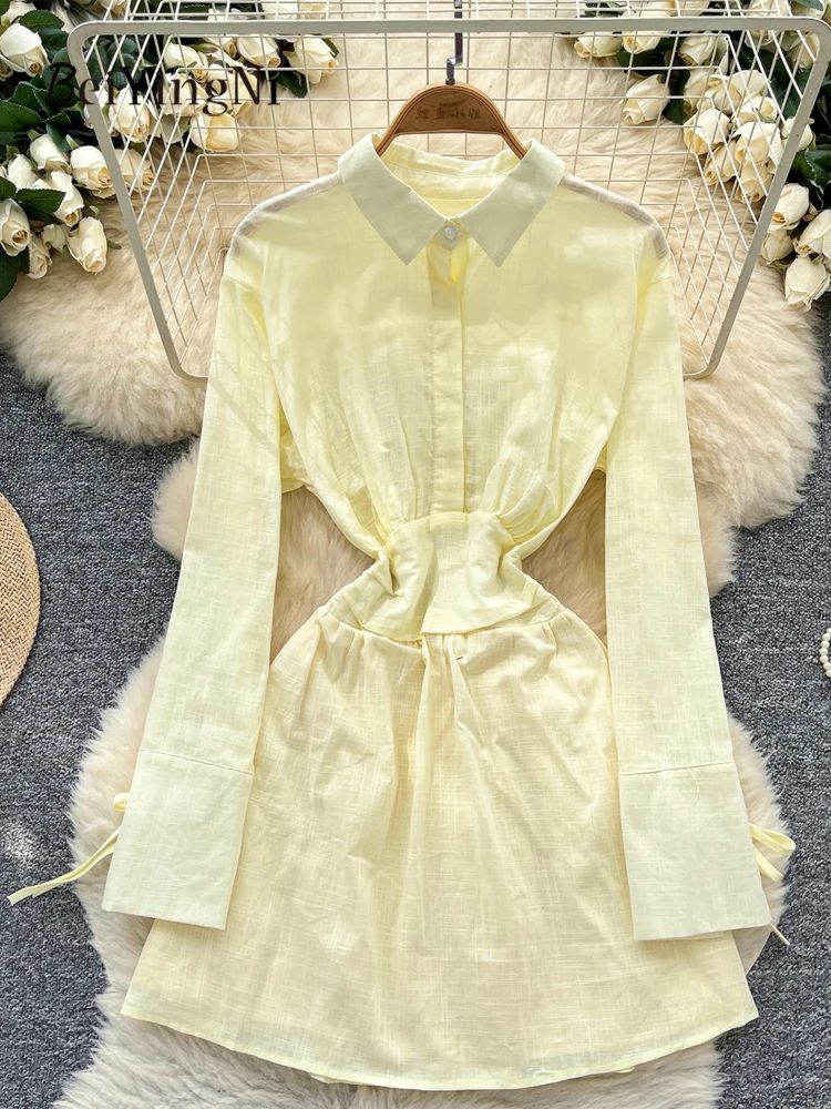 Beiyingni Abito camicia da donna Primavera Autunno Moda Bottoni a maniche lunghe A-line Mini Abiti Abiti femminili coreani in vita elastica