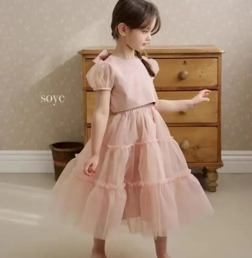Kids Shirts + Skirts 2pcs Sets Summer New Princess Mesh Dress Children Short Sleeve Summer New Bow Suits Girl Top + Skirts Z1094