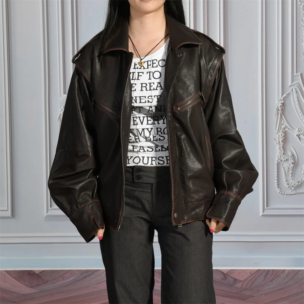 Jxwatcher Damen-Schaffelljacke, abnehmbare Ärmel, echter Ledermantel, Damen-Herbst-Vintage-Lederjacken, 2022, Neuankömmling