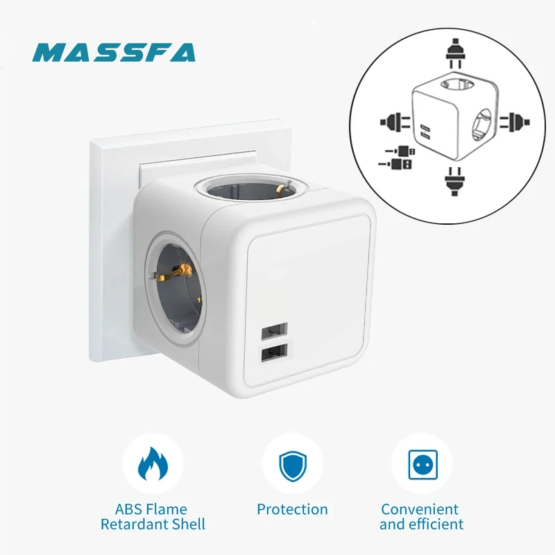 Massfa EU Plug 4 AC Outlets Multitap Socket Extension Power Cube Electrical Power Strip with USB Network Filter Adapter Home