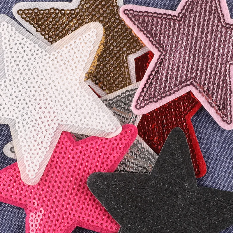 2PCS Sequin Pentagram Iron on Sewing Stickers Gold Silver Red Black Bling Star Embroidered Patches Garment  Backpack Decoration