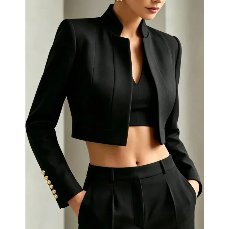 Women's Winter Jacket Suit Short Coat Elegant Office Lady Clothing Blazer Stand Collar Metal Snap Long Sleeves Business Coat New