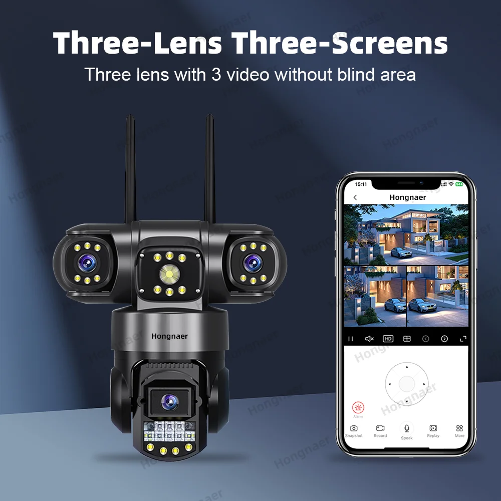 Hongnaer 12MP 6K V380 Pro Three Lenses WiFi Outdoor Wireless IP PTZ Smart 4G Sim Card Network Home Security CCTV Camera