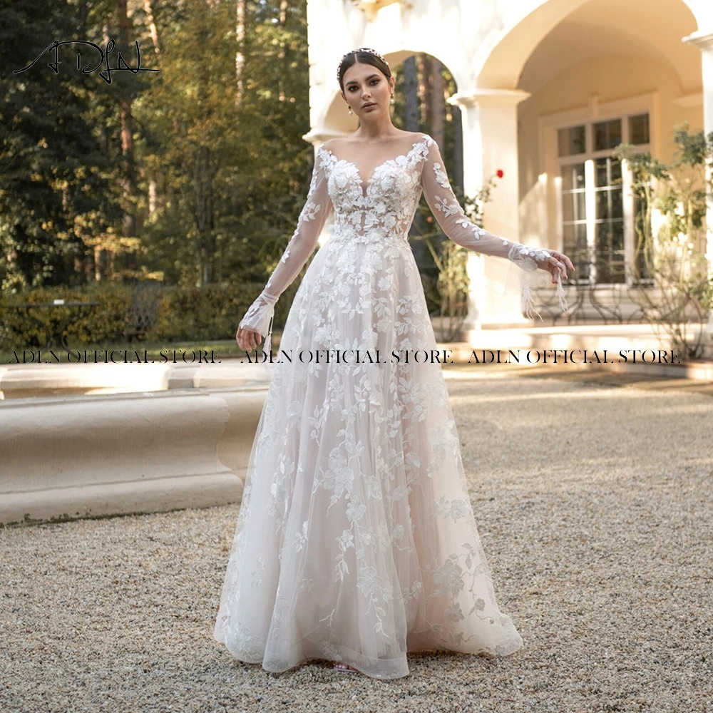 Charming Sheer Neck Lace Wedding Dress High Quality Illusion Bodice Bride Dress Sweep Train A-line Long Sleeves Bridal Gown